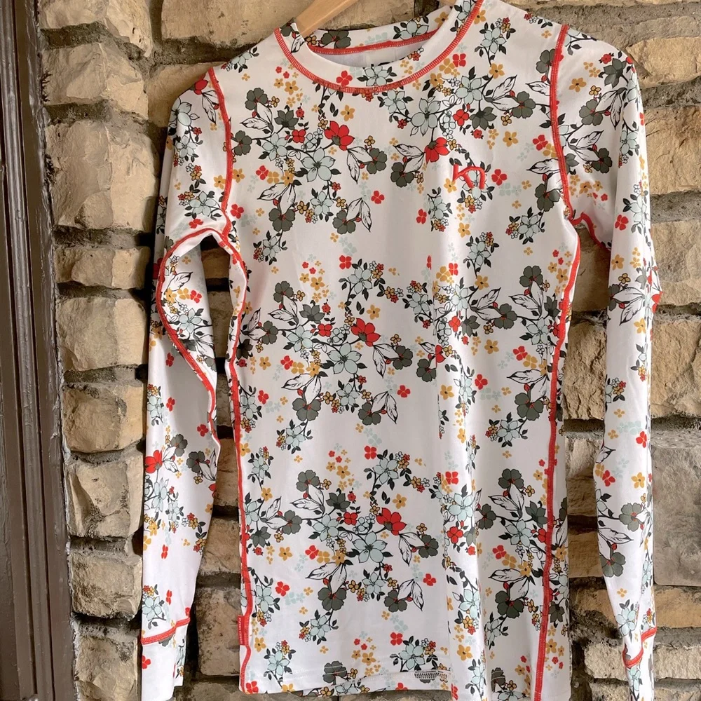 Kari Traa White Floral Long Sleeve Top with Red Trim - Picture 1 of 2
